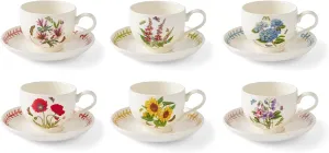 Portmerion Botanic Garden Meadow - 8.5oz Teacup & Saucer (Set of 6) | Assorted Florals with Colorful Laurel Leaf Border| Earthenware | Microwave & Dishwasher Safe | Breakfast Cups for Tea or Coffee