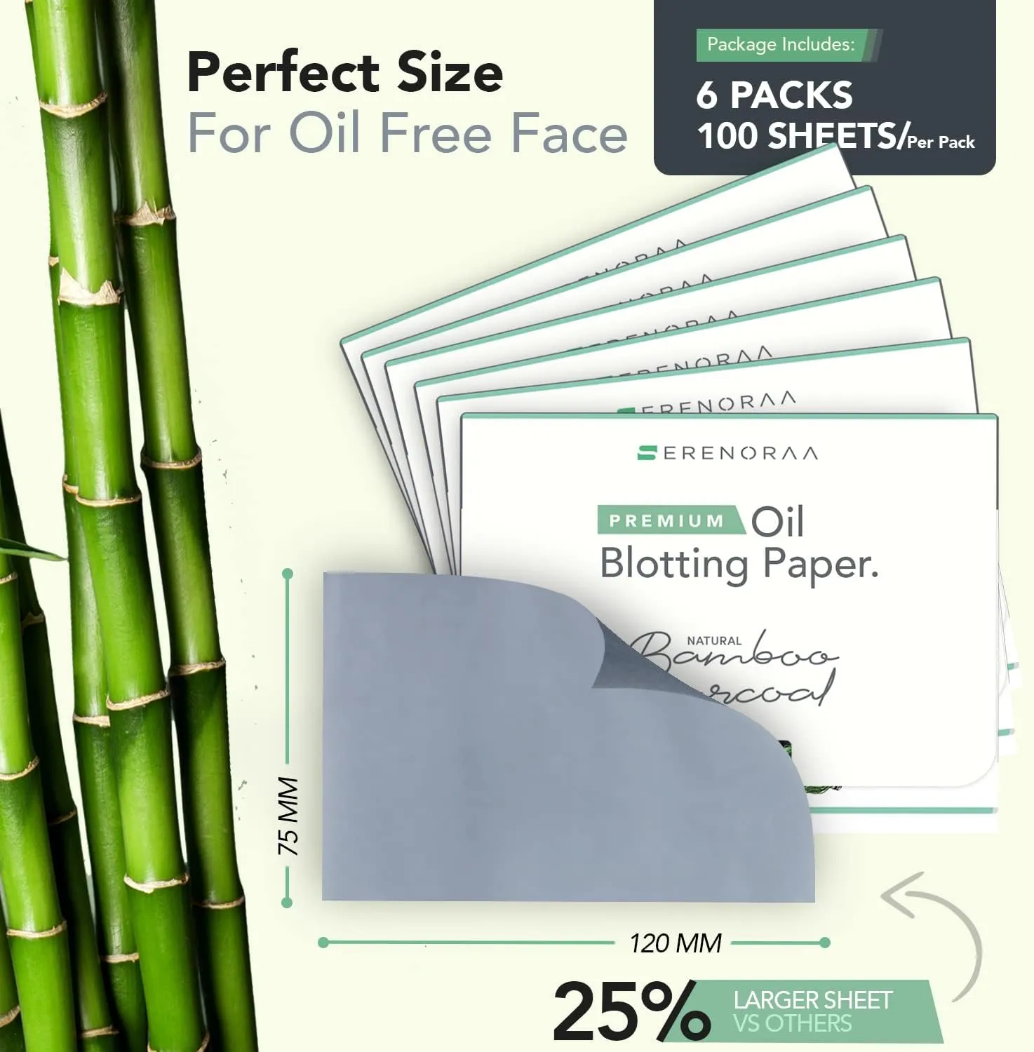 Premium Natural Bamboo Charcoal Oil Blotting Sheets for Face - 6x100 Sheets with Extra Large 5x3" Thick Blotting Paper for Oily Skin - Dispensable Portable Pack - Reduce Skin Acne - Makeup Friendly