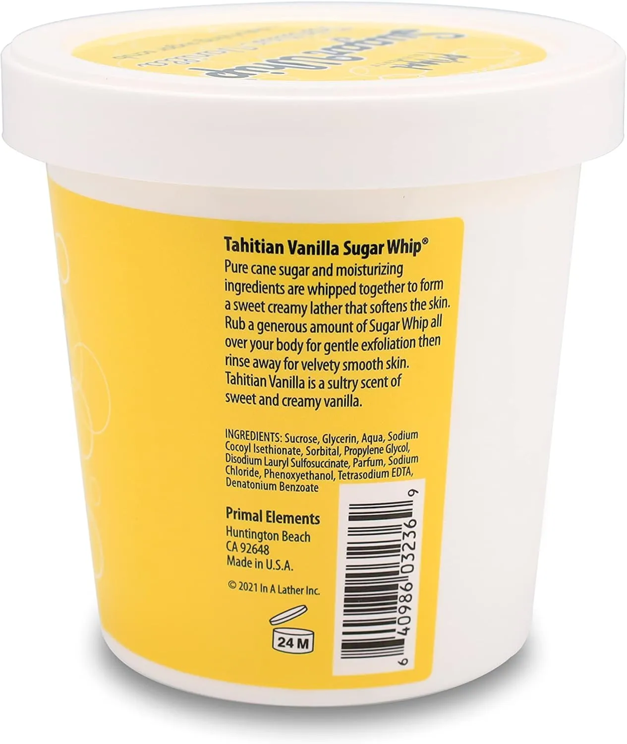 Primal Elements Sugar Scrub, Exfoliating Sugar Whip, Face and Body Cleanser, Moisturizer, Tahitian Vanilla, 10 oz Package
