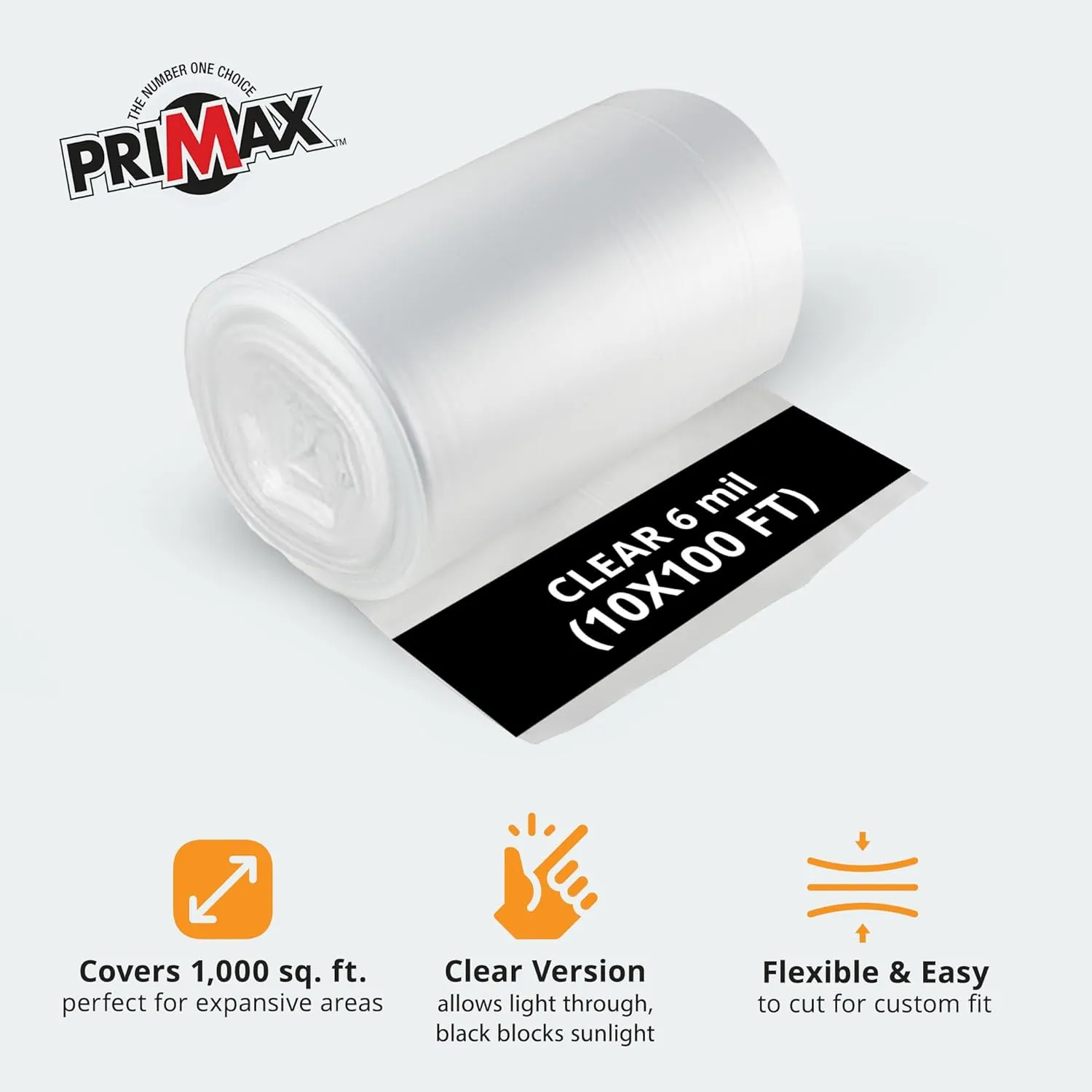 PRIMAX 6 mil Plastic Sheeting (10'x100') – Waterproof, UV Resistant, Heavy Duty Thick Plastic Sheeting Roll for Greenhouse, Farm, Agriculture, Gardening, Construction, Vapor Barrier Covering, Clear
