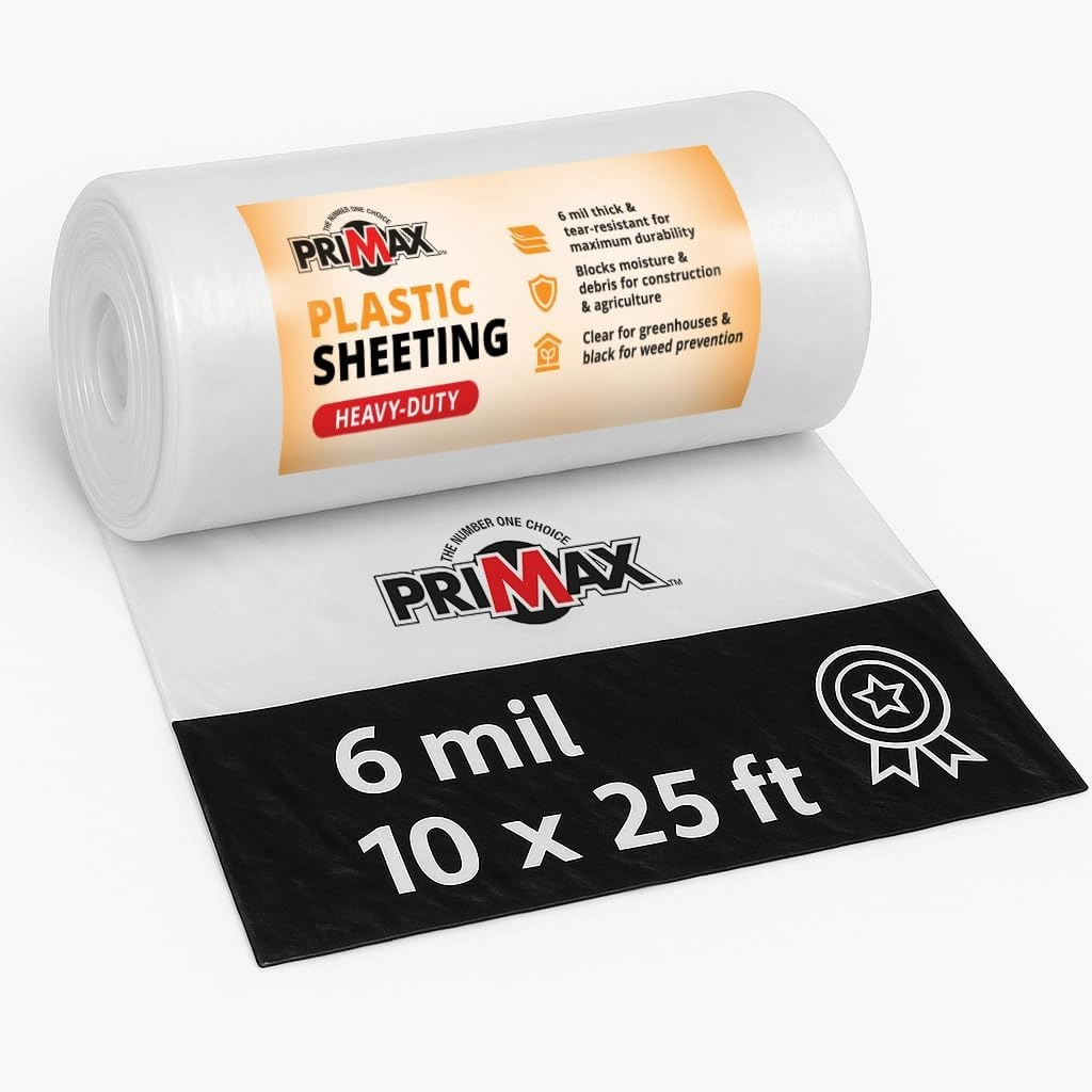 PRIMAX 6 mil Plastic Sheeting (10'x25') – Waterproof, UV Resistant, Heavy Duty Thick Plastic Sheeting Roll for Greenhouse, Farm, Agriculture, Gardening, Construction, Vapor Barrier Covering, Clear
