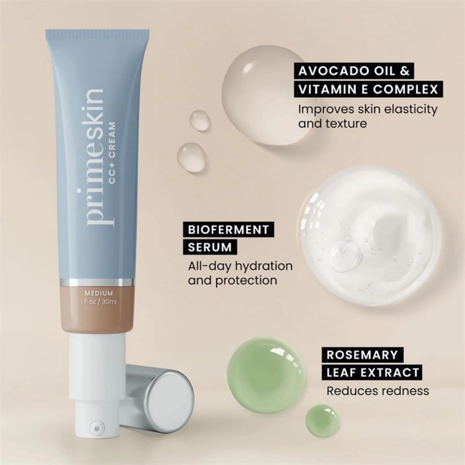 Primeskin Cc Cream for Older Women,Primeskin Cc Cream, Cc Cream Liquid Foundation, Lightweight Natural Coverage-1.8 Fl Oz/30ml (Rich, Medium)