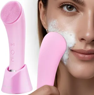 PRITECH Silicone Face Scrubber, Rechargeable Facial Cleansing Brush with Heat Massage End, Vibrating Exfoliating Face Scrubber for Women and Men, Waterproof Facial Brush for Deep Cleansing (Pink)
