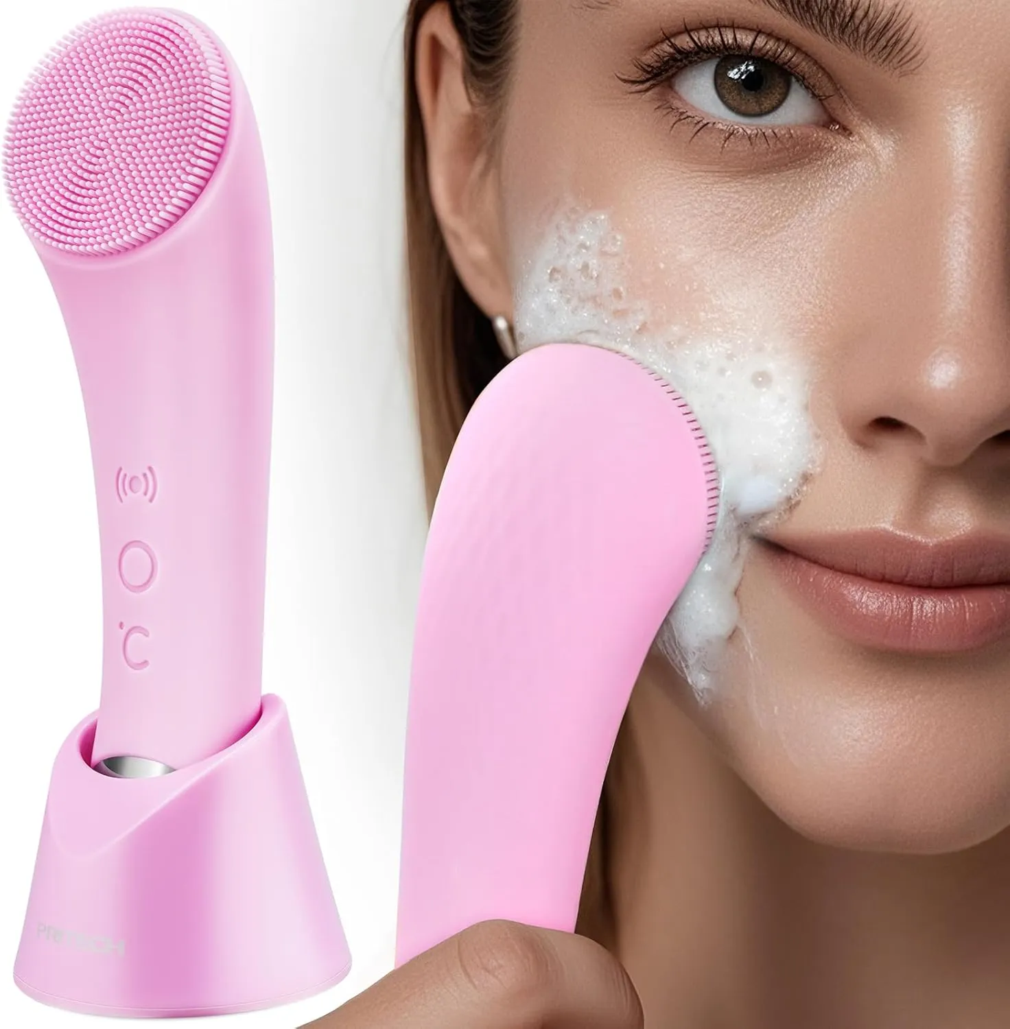 PRITECH Silicone Face Scrubber, Rechargeable Facial Cleansing Brush with Heat Massage End, Vibrating Exfoliating Face Scrubber for Women and Men, Waterproof Facial Brush for Deep Cleansing (Pink)