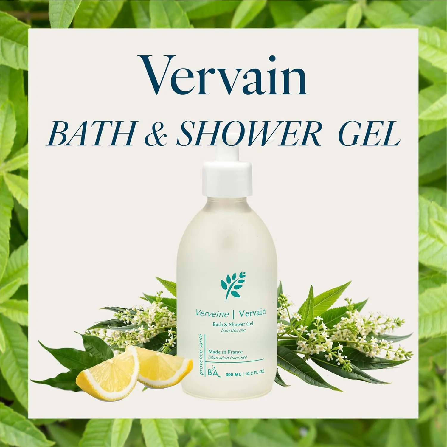 Provence Sante Cleansing Bath & Shower Gel - Moisturizing Almond Oil Body Wash for Dry Skin - Nourishing Lemon Vervain Scent - Made in France - 10.2 Oz