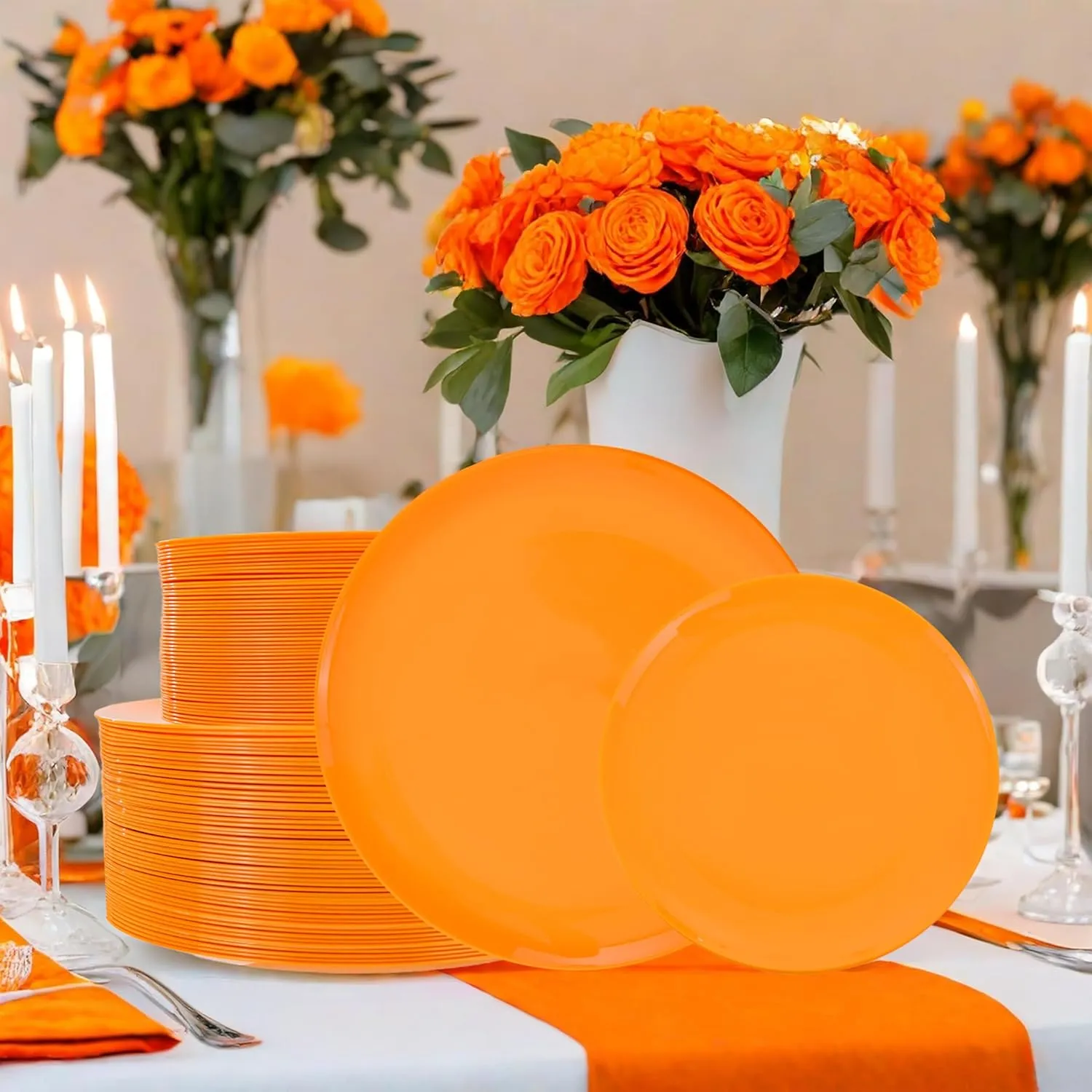 PULOTE 100PCS Orange Plastic Plates - Premium Hard Orange Plates Disposable Include 50pcs 10.25 Inch Orange Dinner, 50pcs 7.5 Inch Orange Dessert/Salad,Ideal for Party