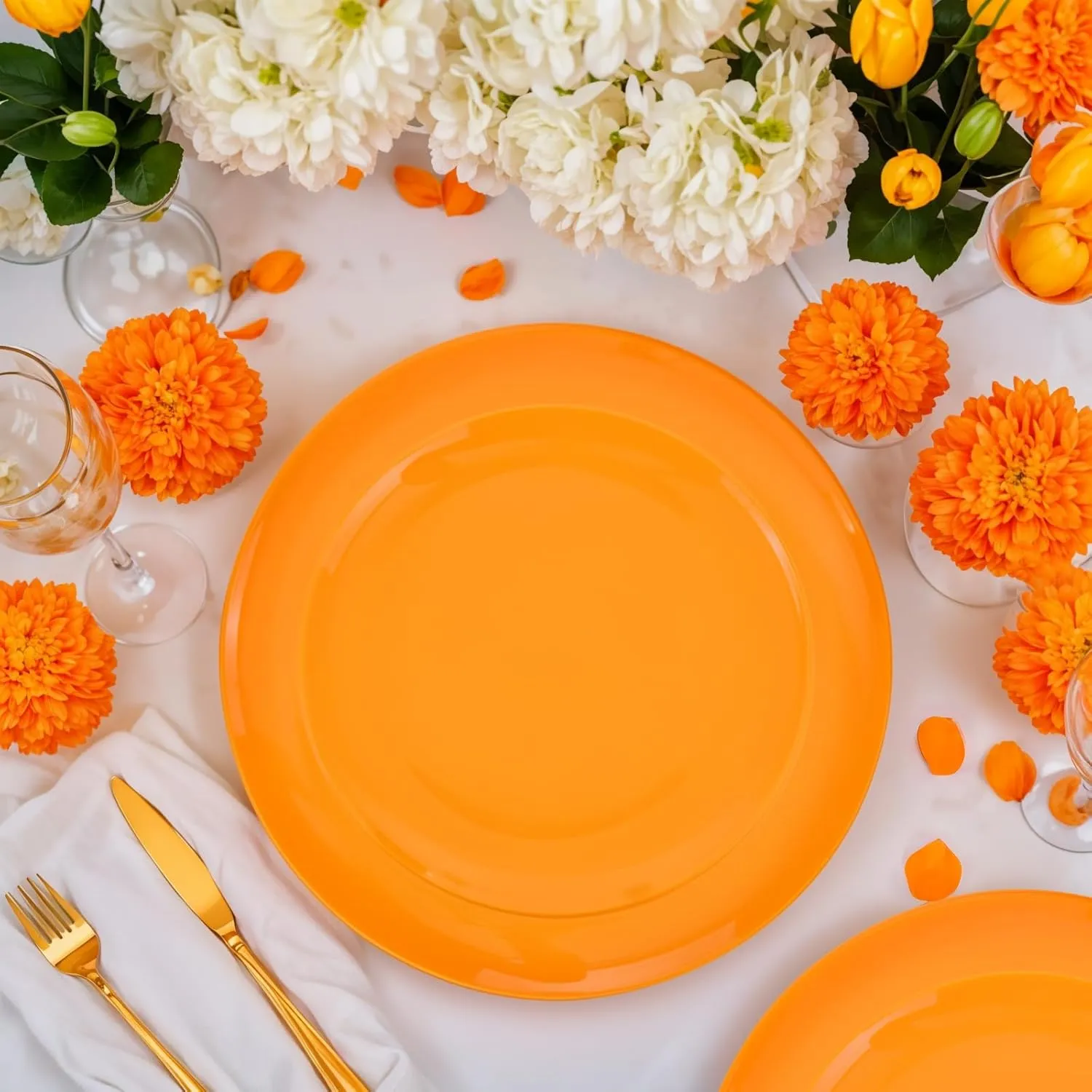 PULOTE 100PCS Orange Plastic Plates - Premium Hard Orange Plates Disposable Include 50pcs 10.25 Inch Orange Dinner, 50pcs 7.5 Inch Orange Dessert/Salad,Ideal for Party