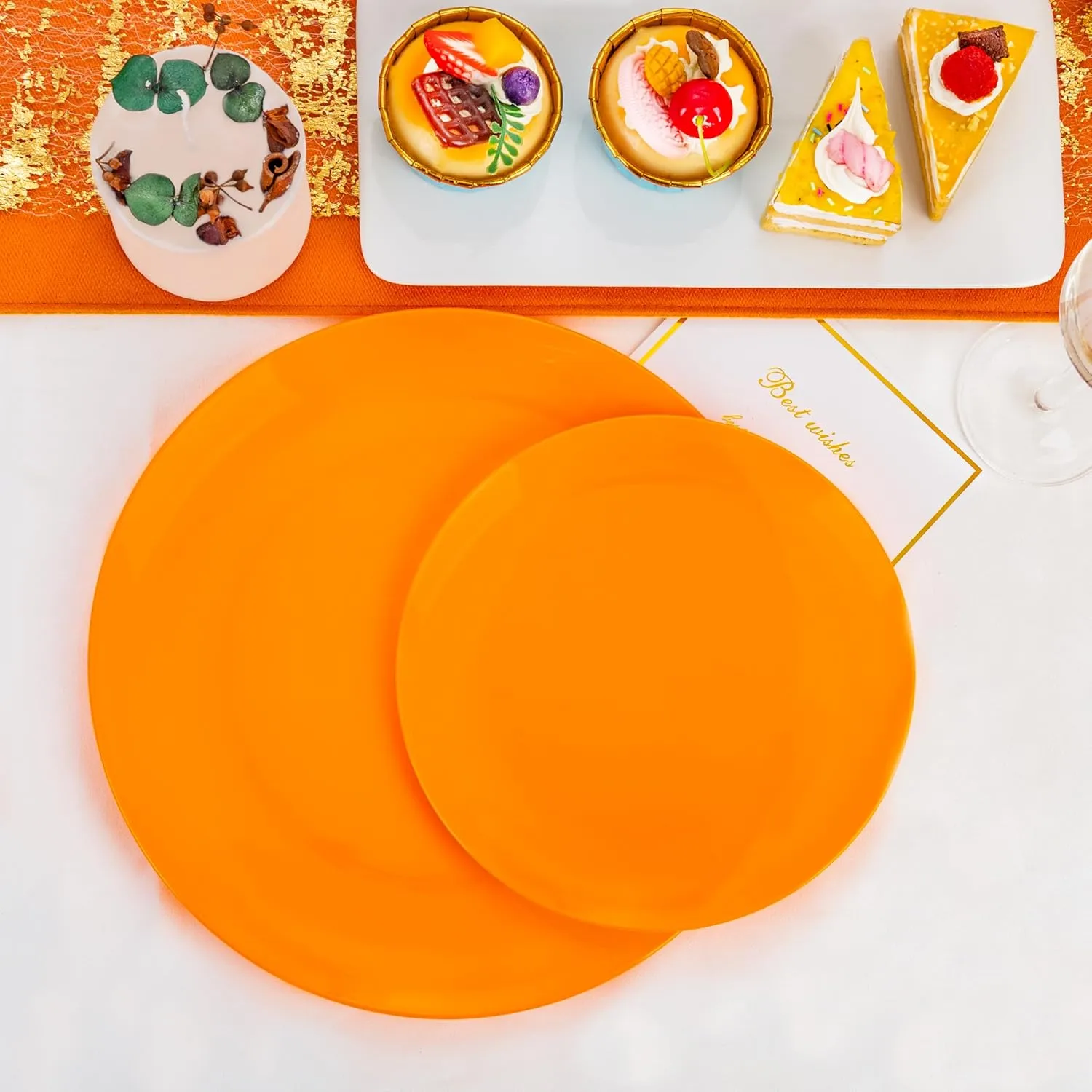 PULOTE 100PCS Orange Plastic Plates - Premium Hard Orange Plates Disposable Include 50pcs 10.25 Inch Orange Dinner, 50pcs 7.5 Inch Orange Dessert/Salad,Ideal for Party
