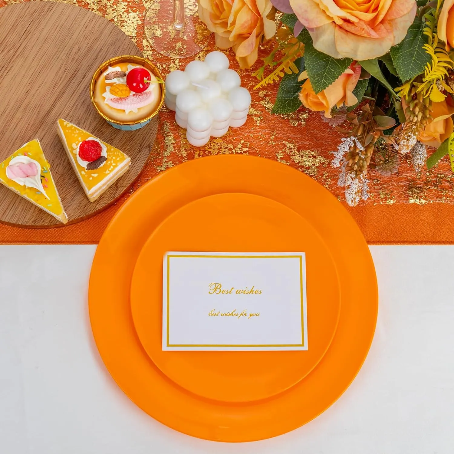 PULOTE 100PCS Orange Plastic Plates - Premium Hard Orange Plates Disposable Include 50pcs 10.25 Inch Orange Dinner, 50pcs 7.5 Inch Orange Dessert/Salad,Ideal for Party