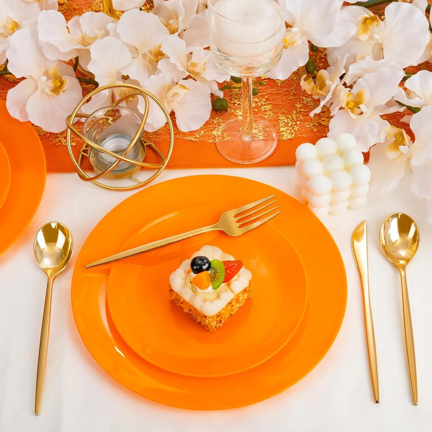 PULOTE 100PCS Orange Plastic Plates - Premium Hard Orange Plates Disposable Include 50pcs 10.25 Inch Orange Dinner, 50pcs 7.5 Inch Orange Dessert/Salad,Ideal for Party