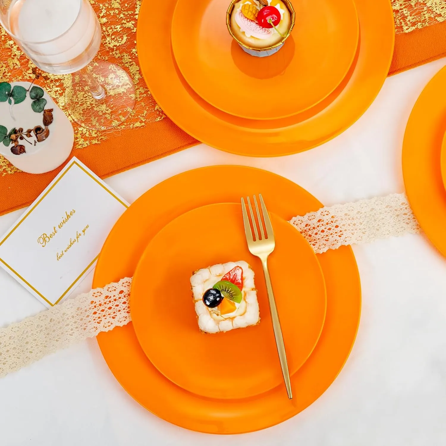 PULOTE 100PCS Orange Plastic Plates - Premium Hard Orange Plates Disposable Include 50pcs 10.25 Inch Orange Dinner, 50pcs 7.5 Inch Orange Dessert/Salad,Ideal for Party