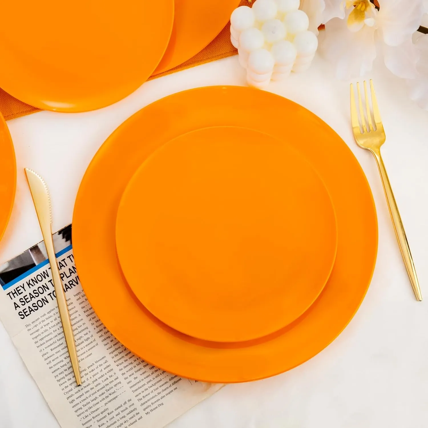 PULOTE 100PCS Orange Plastic Plates - Premium Hard Orange Plates Disposable Include 50pcs 10.25 Inch Orange Dinner, 50pcs 7.5 Inch Orange Dessert/Salad,Ideal for Party