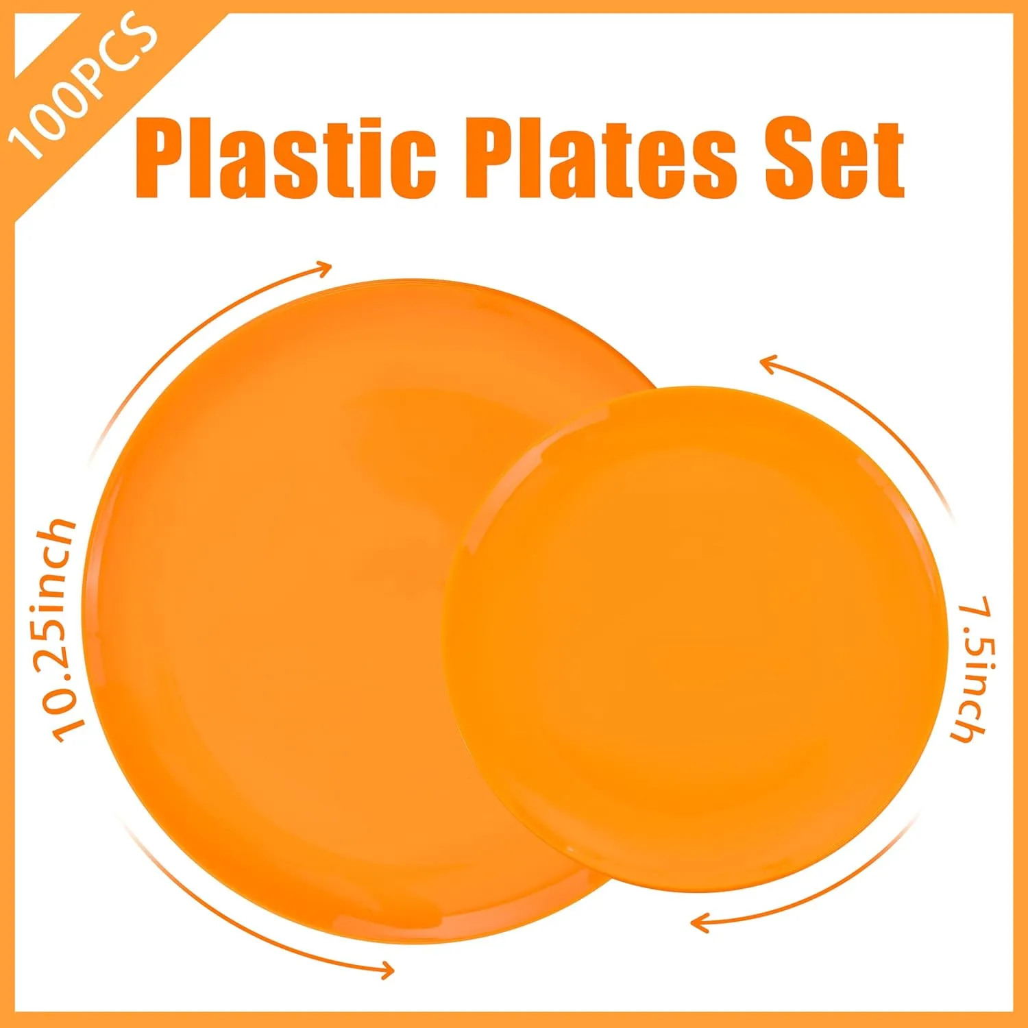 PULOTE 100PCS Orange Plastic Plates - Premium Hard Orange Plates Disposable Include 50pcs 10.25 Inch Orange Dinner, 50pcs 7.5 Inch Orange Dessert/Salad,Ideal for Party