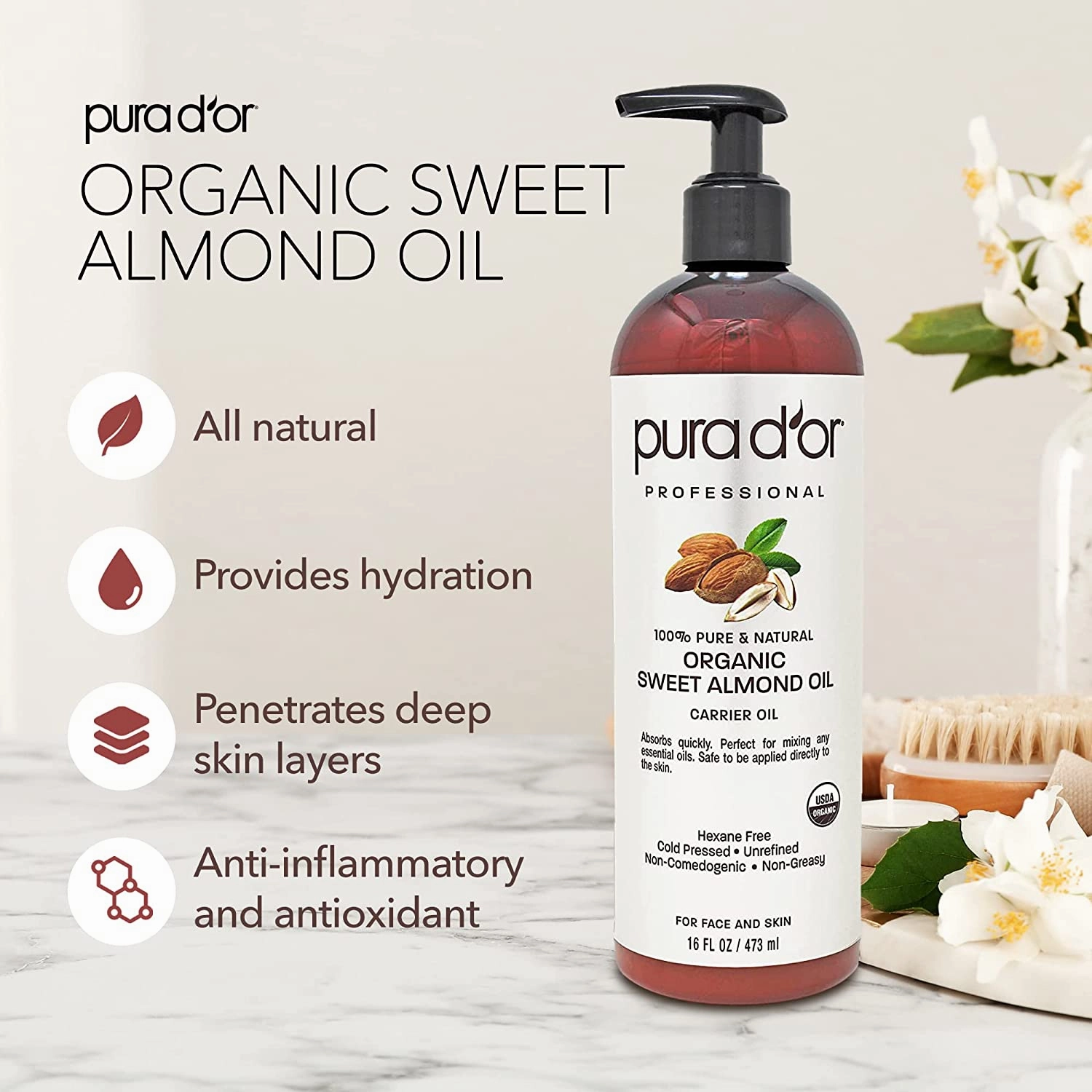 PURA D'OR Organic Sweet Almond Oil (473ml)