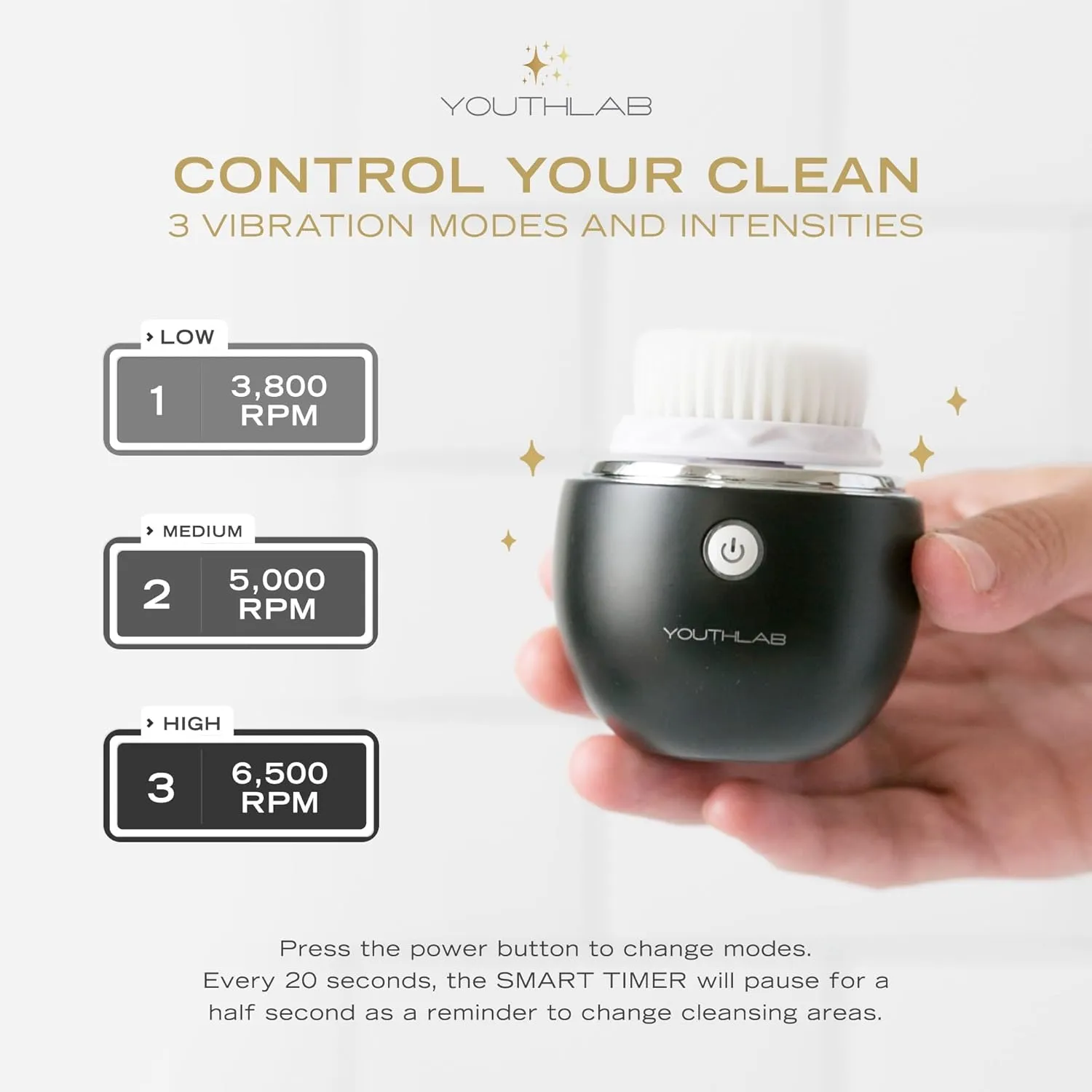 Pure Radiance, Vibrating Facial Cleansing Brush, Electric, 3 Modes, 3 Brush Heads (2 Bristle,1 Silicone), Waterproof, Rechargeable, Smart Timer, Exfoliating, Massage (Black)