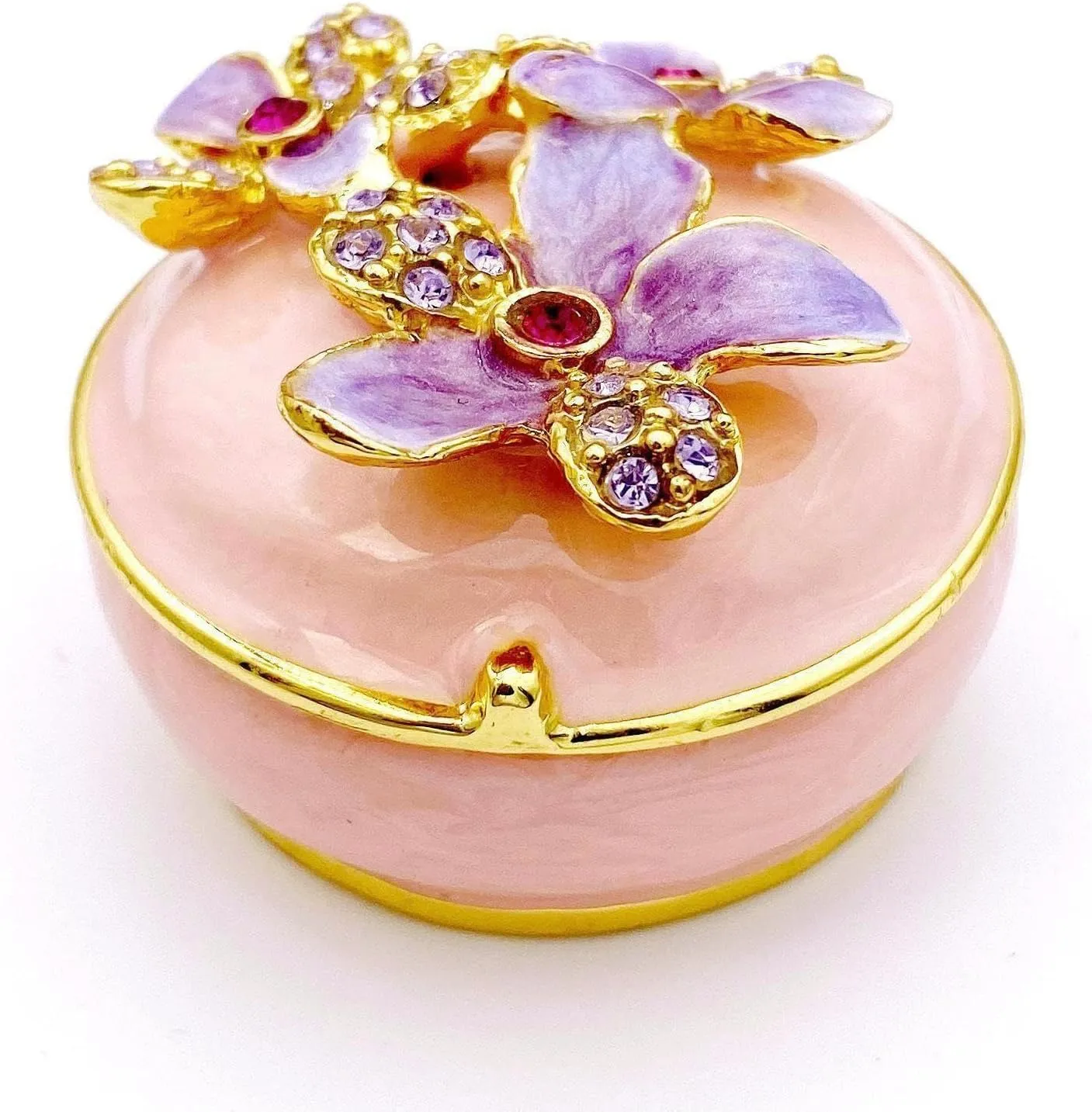 Purple Orchid Flower Pink Jewelry Box Trinket Boxes Hinged with Crystals. Enameled Decorative Box Small trinkets Necklace Rings Earrings Storage. Home Decor Gifts for Women