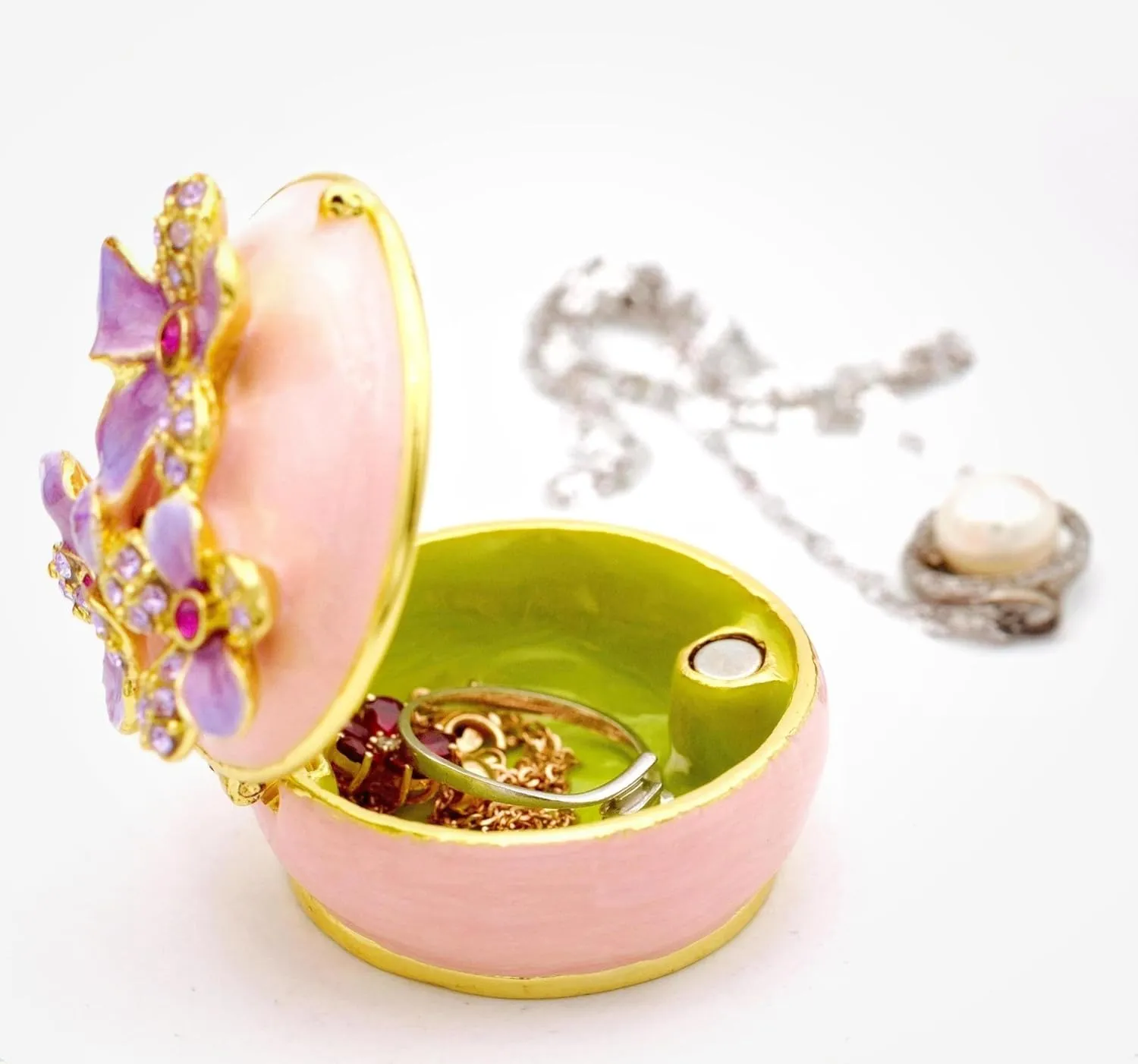 Purple Orchid Flower Pink Jewelry Box Trinket Boxes Hinged with Crystals. Enameled Decorative Box Small trinkets Necklace Rings Earrings Storage. Home Decor Gifts for Women