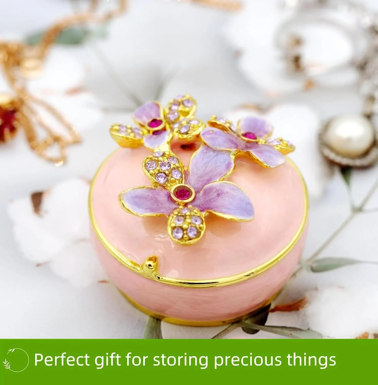 Purple Orchid Flower Pink Jewelry Box Trinket Boxes Hinged with Crystals. Enameled Decorative Box Small trinkets Necklace Rings Earrings Storage. Home Decor Gifts for Women