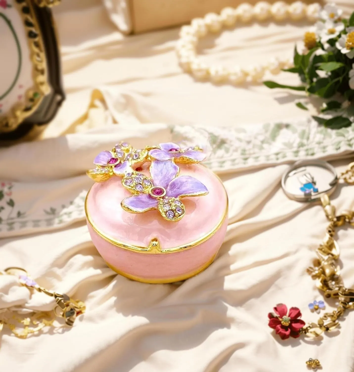 Purple Orchid Flower Pink Jewelry Box Trinket Boxes Hinged with Crystals. Enameled Decorative Box Small trinkets Necklace Rings Earrings Storage. Home Decor Gifts for Women