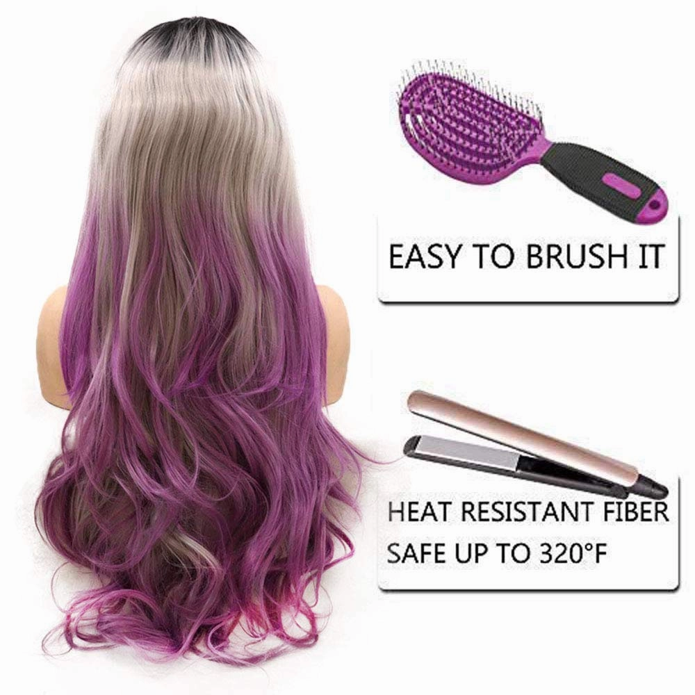 Purple Lace Front Wigs for Women Ombre Gray Lilac Black Roots 3 Tone Long Wavy Natural Hairline Realistic Synthetic Wig Pre Plucked Handmade Wigs Heat Resistant Fiber Hair Drag Queen Cosplay 24 Inch