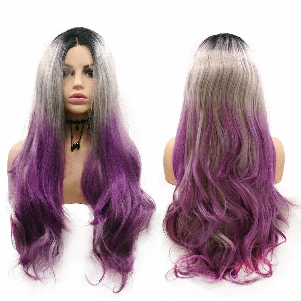 Purple Lace Front Wigs for Women Ombre Gray Lilac Black Roots 3 Tone Long Wavy Natural Hairline Realistic Synthetic Wig Pre Plucked Handmade Wigs Heat Resistant Fiber Hair Drag Queen Cosplay 24 Inch