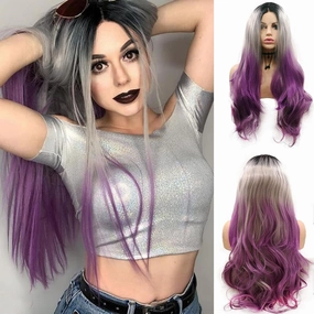 Purple Lace Front Wigs for Women Ombre Gray Lilac Black Roots 3 Tone Long Wavy Natural Hairline Realistic Synthetic Wig Pre Plucked Handmade Wigs Heat Resistant Fiber Hair Drag Queen Cosplay 24 Inch