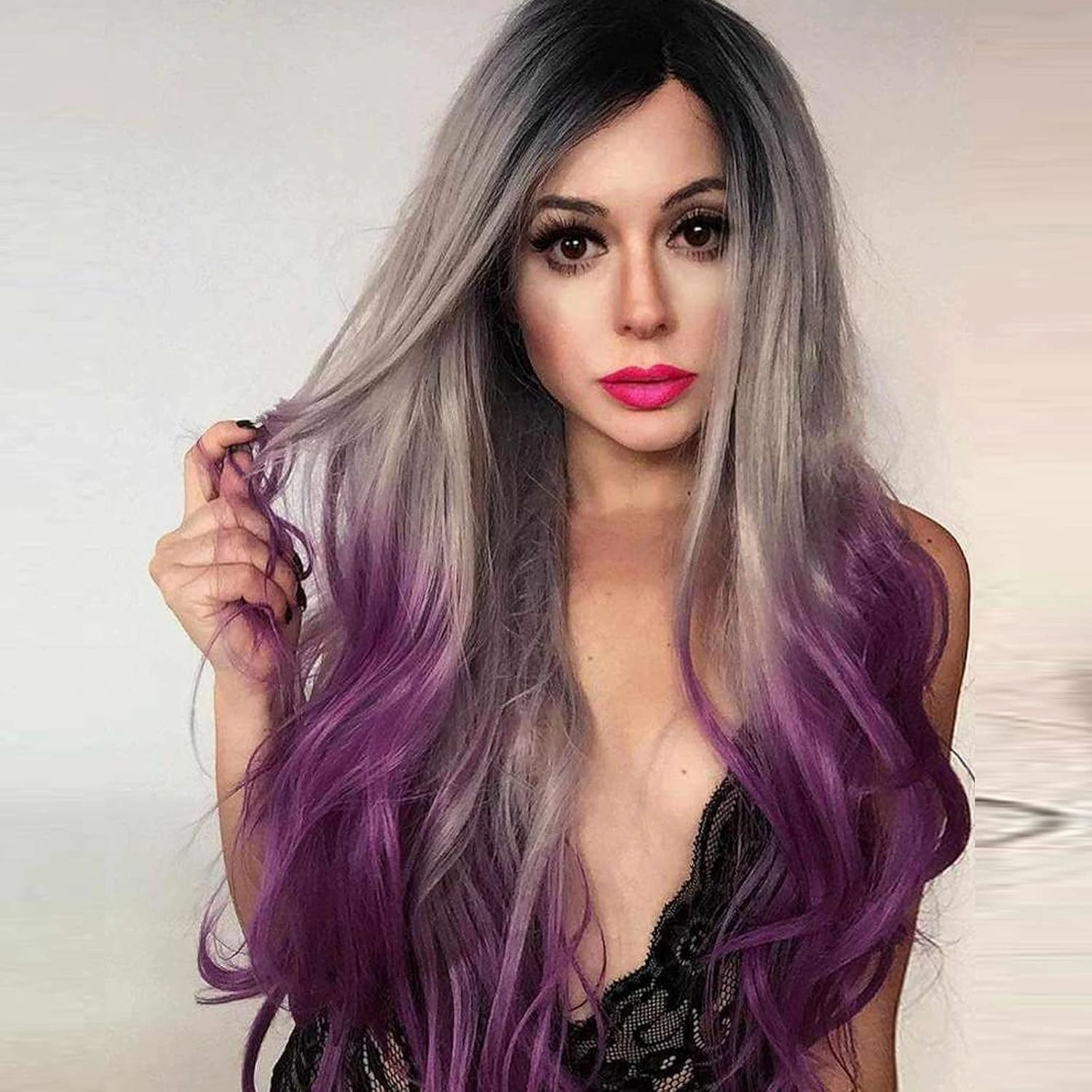 Purple Lace Front Wigs for Women Ombre Gray Lilac Black Roots 3 Tone Long Wavy Natural Hairline Realistic Synthetic Wig Pre Plucked Handmade Wigs Heat Resistant Fiber Hair Drag Queen Cosplay 24 Inch