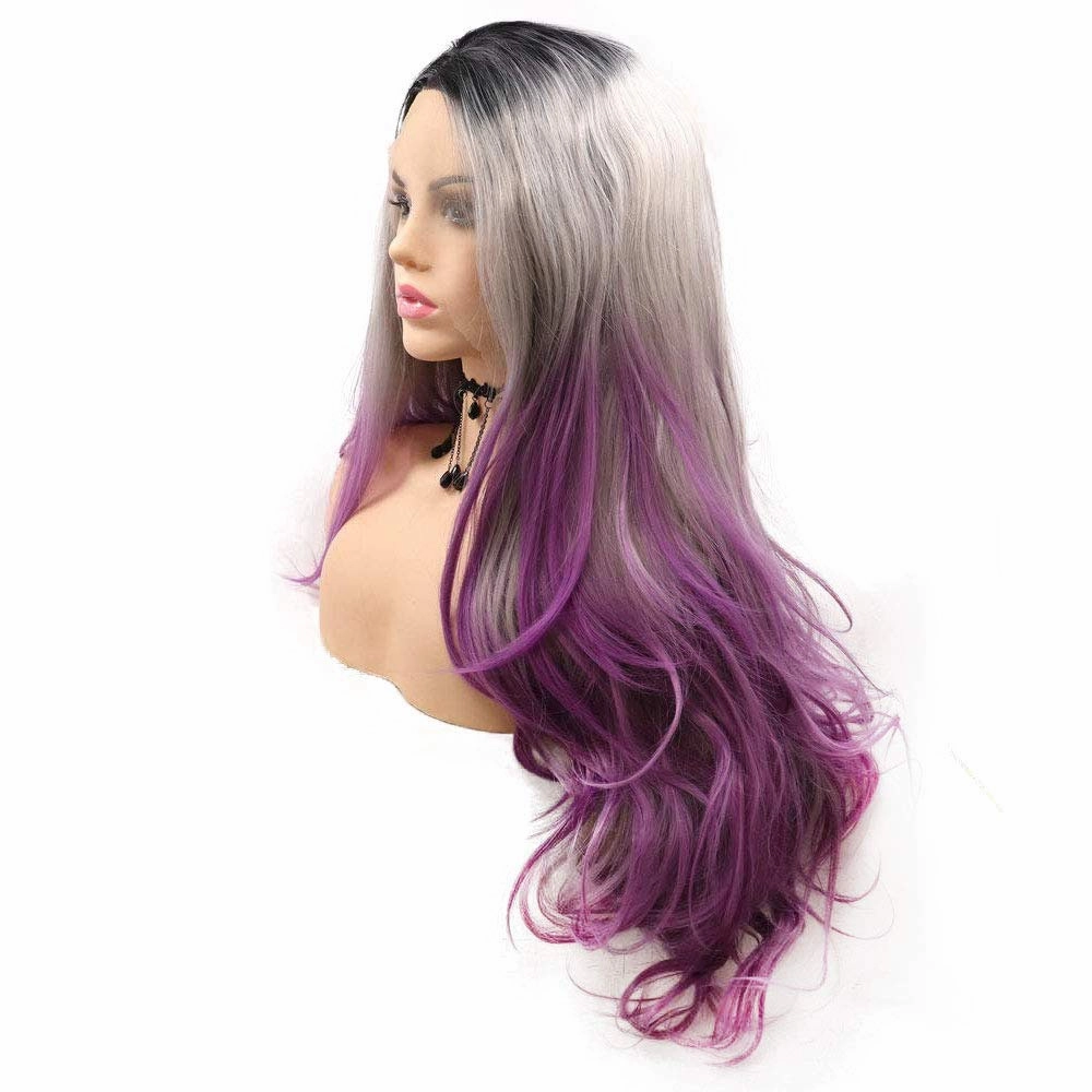 Purple Lace Front Wigs for Women Ombre Gray Lilac Black Roots 3 Tone Long Wavy Natural Hairline Realistic Synthetic Wig Pre Plucked Handmade Wigs Heat Resistant Fiber Hair Drag Queen Cosplay 24 Inch