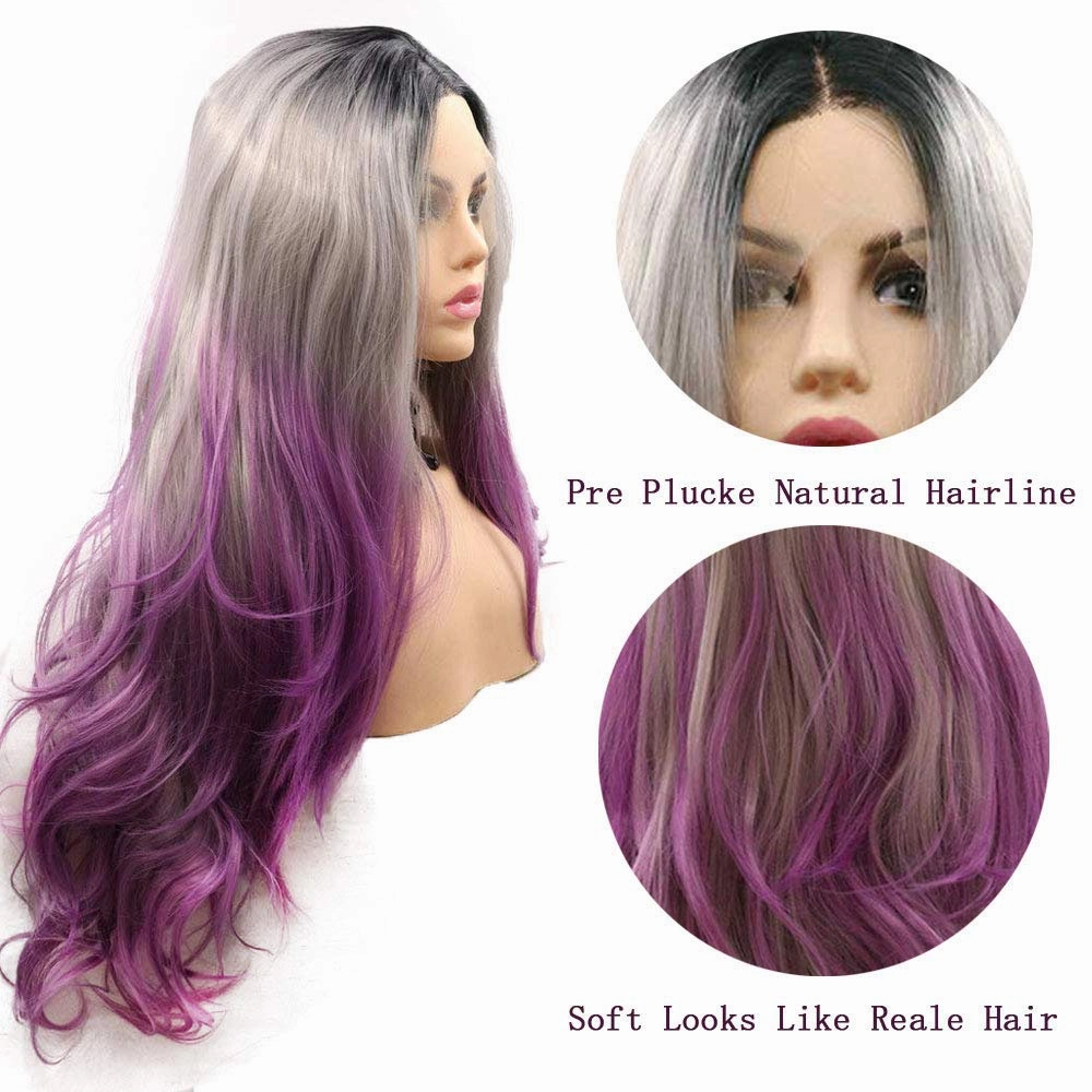 Purple Lace Front Wigs for Women Ombre Gray Lilac Black Roots 3 Tone Long Wavy Natural Hairline Realistic Synthetic Wig Pre Plucked Handmade Wigs Heat Resistant Fiber Hair Drag Queen Cosplay 24 Inch