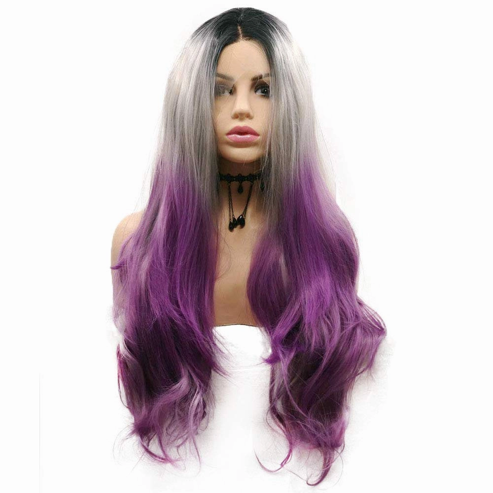 Purple Lace Front Wigs for Women Ombre Gray Lilac Black Roots 3 Tone Long Wavy Natural Hairline Realistic Synthetic Wig Pre Plucked Handmade Wigs Heat Resistant Fiber Hair Drag Queen Cosplay 24 Inch
