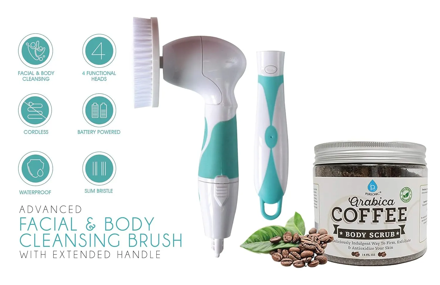 Pursonic Advanced Facial and Body Cleansing With Extended Handle - Includes Facial Brush, Body Brush, Pumice Stone, Sponge & Arabica Coffee Scrub 14oz