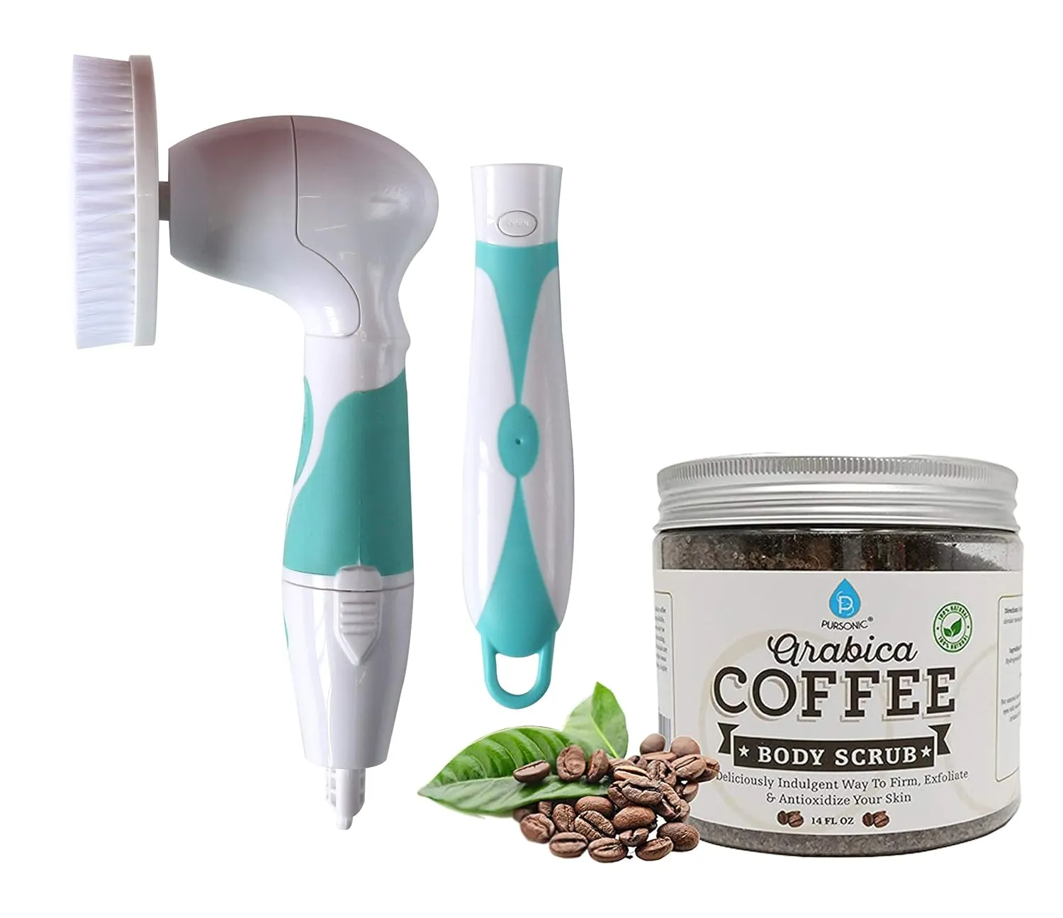 Pursonic Advanced Facial and Body Cleansing With Extended Handle - Includes Facial Brush, Body Brush, Pumice Stone, Sponge & Arabica Coffee Scrub 14oz