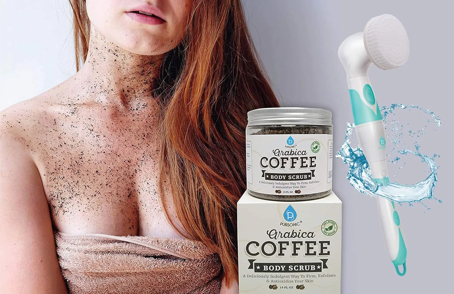 Pursonic Advanced Facial and Body Cleansing With Extended Handle - Includes Facial Brush, Body Brush, Pumice Stone, Sponge & Arabica Coffee Scrub 14oz