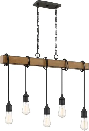 Quoizel Mesquite Linear Chandelier, 36 Inch 5-Light Matte Black & Faux Walnut Finish, Max Adjustable Height 85", Linear Chandelier for Kitchen Island, Dining or Bedroom