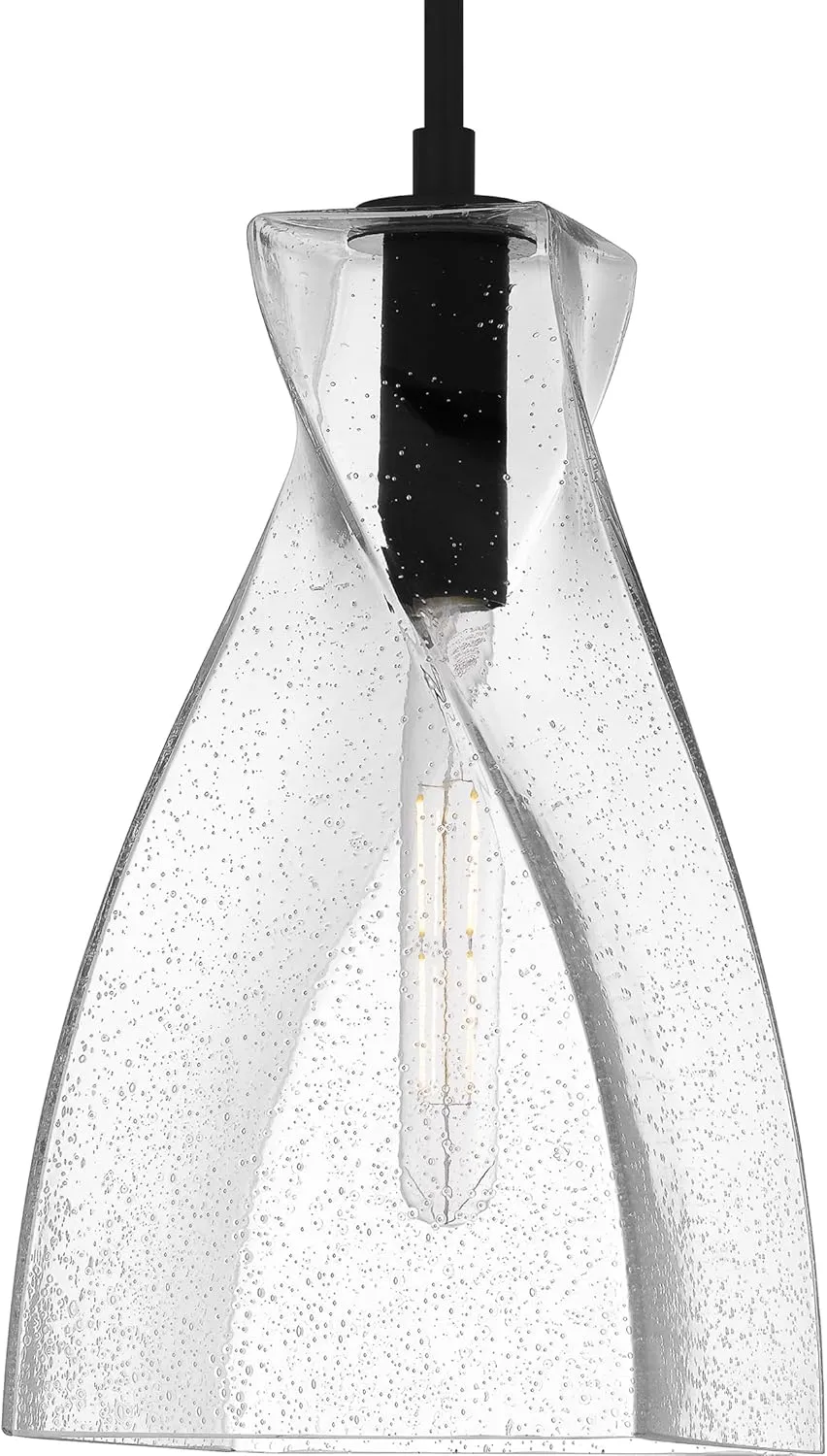 Quoizel Stetson Mini Pendant Lighting, 8 Inch 1-Light Matte Black Clear Seedy Glass Pendant Light, Hanging Ceiling Light for Kitchen Island, Dining Room, Hallway, Bedroom, Bar, Cafe or Office