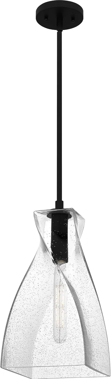 Quoizel Stetson Mini Pendant Lighting, 8 Inch 1-Light Matte Black Clear Seedy Glass Pendant Light, Hanging Ceiling Light for Kitchen Island, Dining Room, Hallway, Bedroom, Bar, Cafe or Office