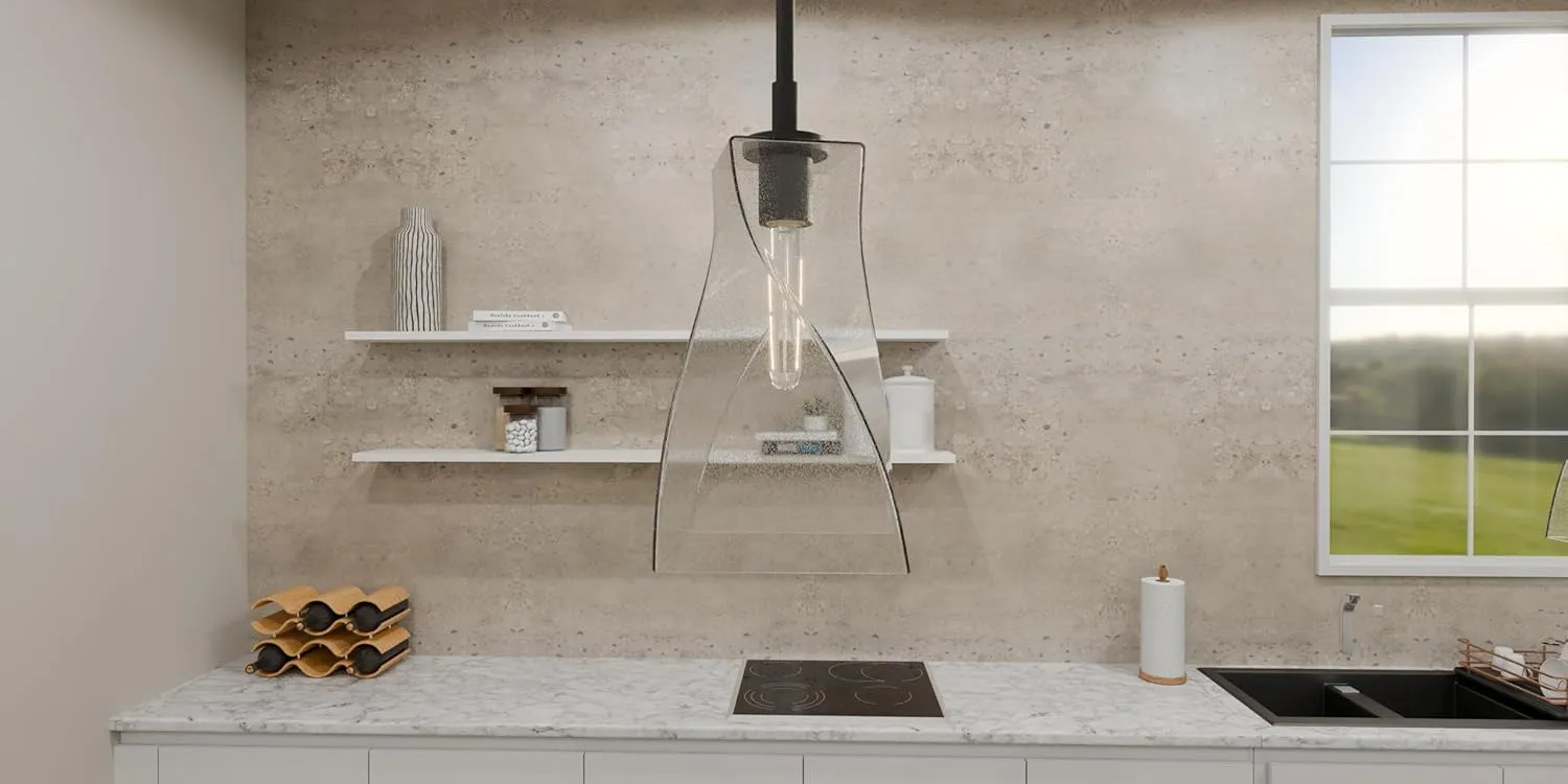 Quoizel Stetson Mini Pendant Lighting, 8 Inch 1-Light Matte Black Clear Seedy Glass Pendant Light, Hanging Ceiling Light for Kitchen Island, Dining Room, Hallway, Bedroom, Bar, Cafe or Office