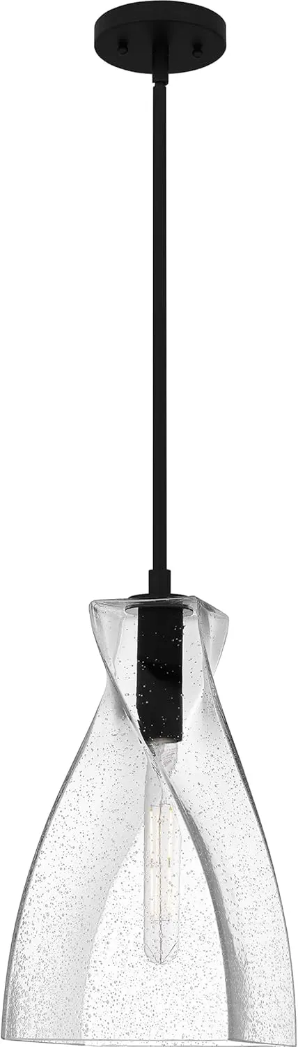 Quoizel Stetson Mini Pendant Lighting, 8 Inch 1-Light Matte Black Clear Seedy Glass Pendant Light, Hanging Ceiling Light for Kitchen Island, Dining Room, Hallway, Bedroom, Bar, Cafe or Office