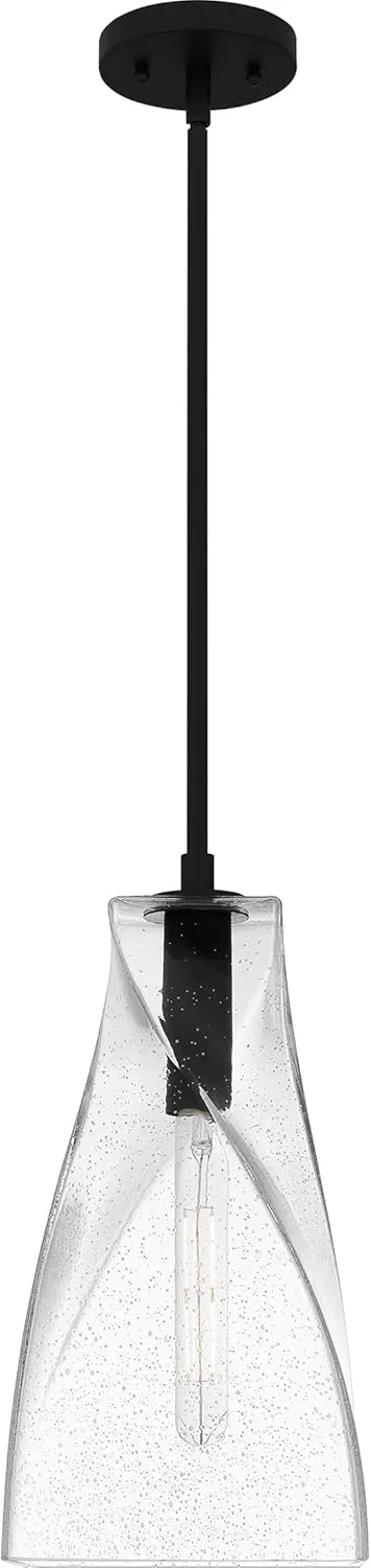 Quoizel Stetson Mini Pendant Lighting, 8 Inch 1-Light Matte Black Clear Seedy Glass Pendant Light, Hanging Ceiling Light for Kitchen Island, Dining Room, Hallway, Bedroom, Bar, Cafe or Office