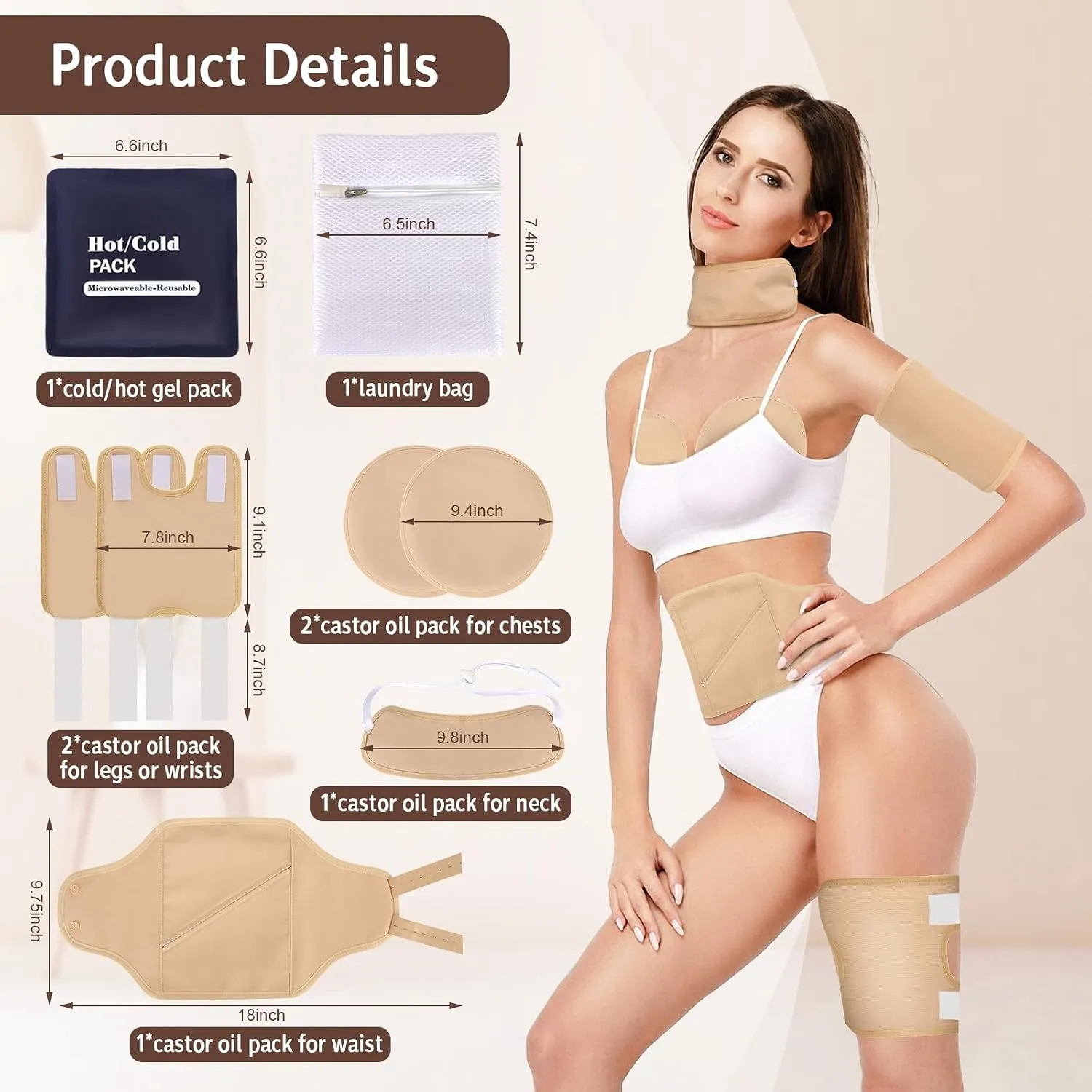 QYCHHJ 8PCS Castor Oil Pack Wrap Kit Reusable Organic Flannel with Heating Pad for Liver Detox, Comfort Sleep, Inflammation Adjustable Elastic Strap Flannel Cotton Machine Washable, Khaki