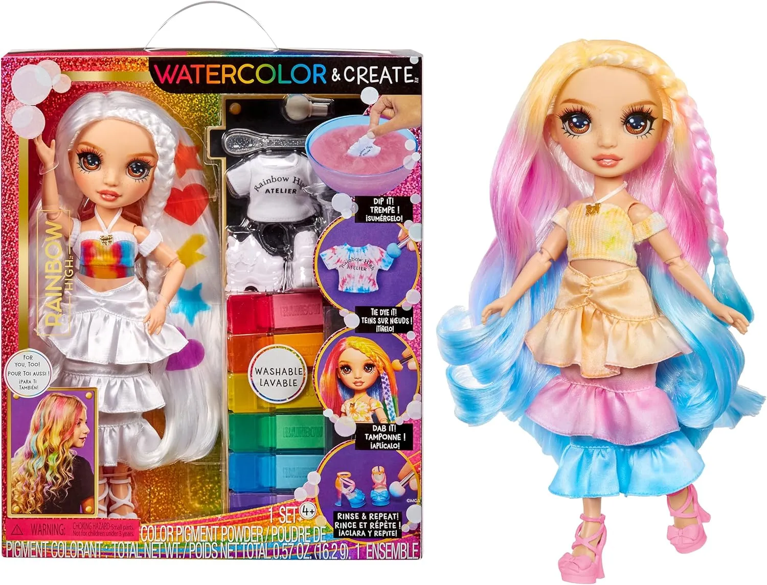 Rainbow High Watercolor & Create Fashion DIY Doll with Washable Watercolors   Tie-Dye Kit, Brown Eyes, Curled Hair, Bonus Top & Shoes. Color, Create, Play, Rinse and Repeat. Creative 4-12 