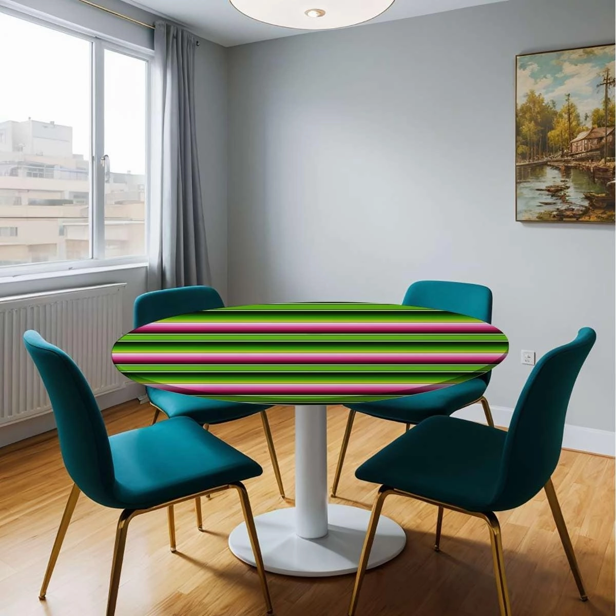 Rainbow Multicolor Elastic Fitted Round Tablecloths Horizontal Colored Stripes with Elastic Edge Polyester Waterproof Spill Proof Table Cover Fit for 40"-43" Diameter Table Medieval