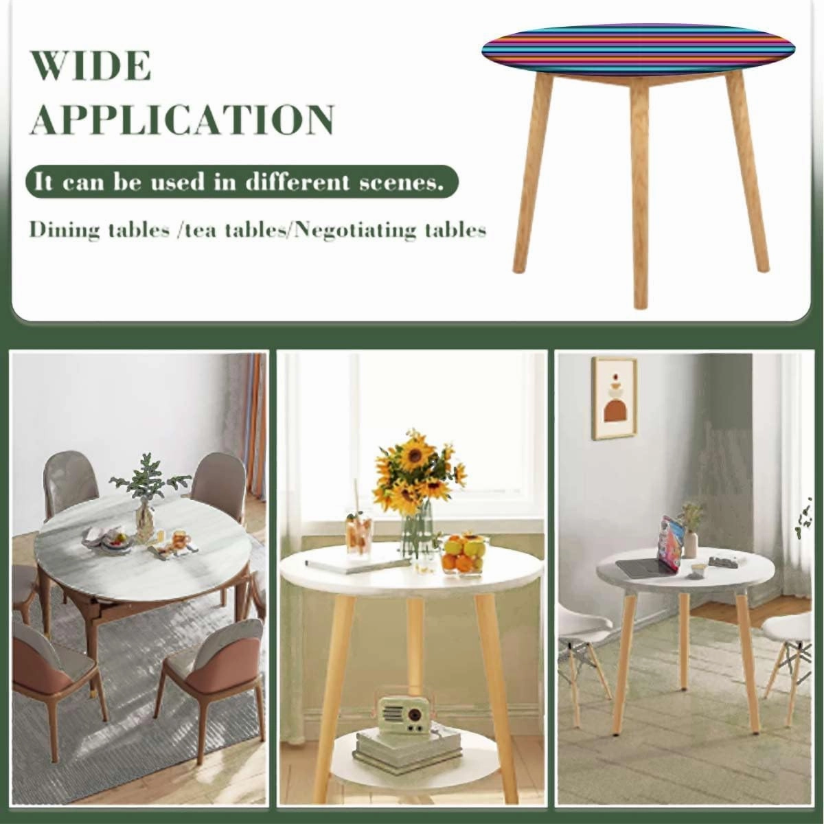 Rainbow Multicolor Round Tablecloth with Elastic Edge Horizontal Colored Stripes Soft-Touch Fitted Table Cloth, Waterproof Oil-Proof Table Cover Fit for 48"-51" Diameter Table Medieval