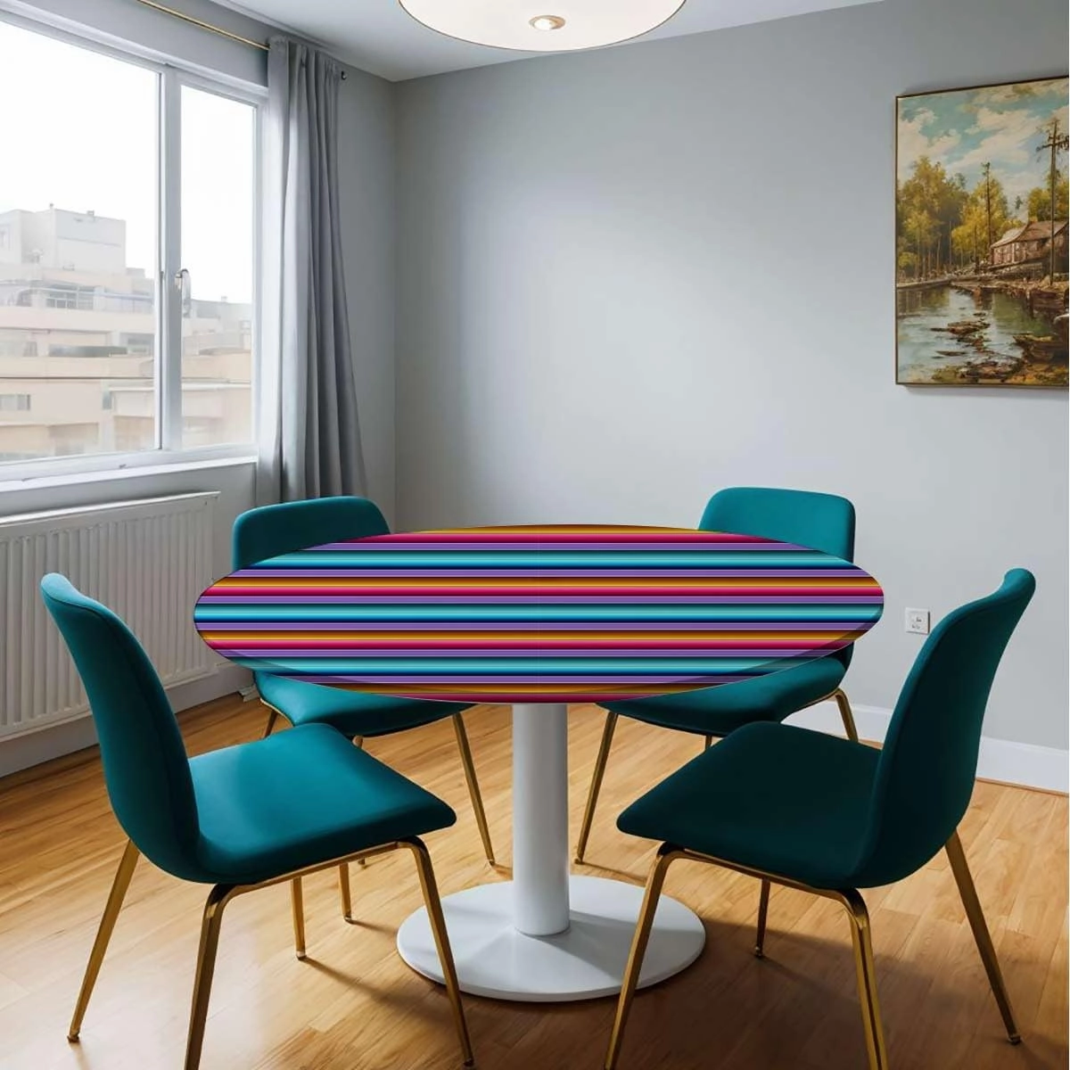 Rainbow Multicolor Round Tablecloth with Elastic Edge Horizontal Colored Stripes Soft-Touch Fitted Table Cloth, Waterproof Oil-Proof Table Cover Fit for 48"-51" Diameter Table Medieval