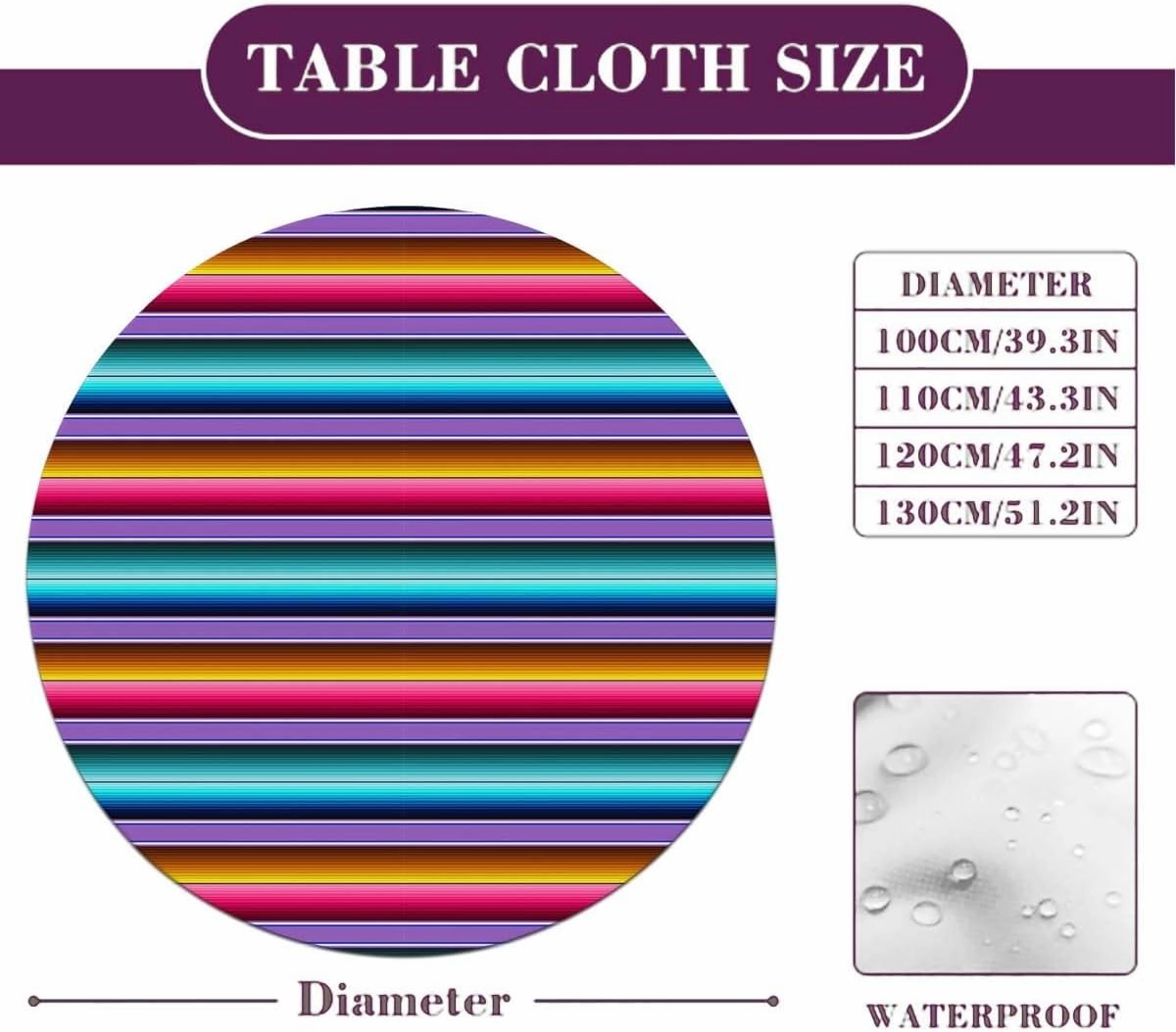 Rainbow Multicolor Round Tablecloth with Elastic Edge Horizontal Colored Stripes Soft-Touch Fitted Table Cloth, Waterproof Oil-Proof Table Cover Fit for 48"-51" Diameter Table Medieval