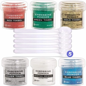 Ranger Metallic Embossing Powder Set, Embossing Powder Spoons, Red Tinsel, Green Tinsel, Gold Tinsel, Silver Tinsel, Frosted Crystal and Blue Tinsel