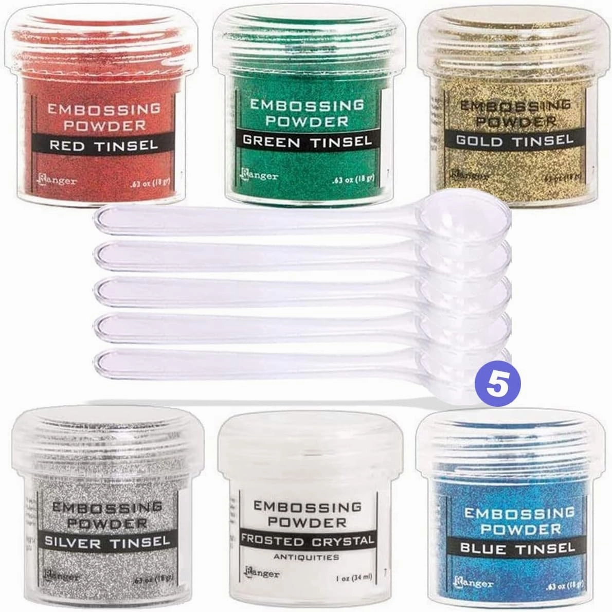 Ranger Metallic Embossing Powder Set, Embossing Powder Spoons, Red Tinsel, Green Tinsel, Gold Tinsel, Silver Tinsel, Frosted Crystal and Blue Tinsel