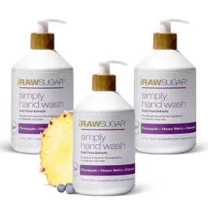 RAW SUGAR Simply Hand Wash, 16.9 Fl Oz (Pack of 3) Pineapple   Maqui Berry   Coconut Liquid Hand Soap for Kitchen or Bathroom, Cleanses & Refreshes Hands, Formulated without Sulfates & Parabens