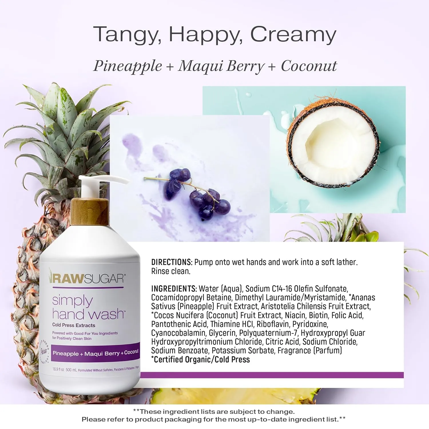 RAW SUGAR Simply Hand Wash, 16.9 Fl Oz (Pack of 3) Pineapple   Maqui Berry   Coconut Liquid Hand Soap for Kitchen or Bathroom, Cleanses & Refreshes Hands, Formulated without Sulfates & Parabens