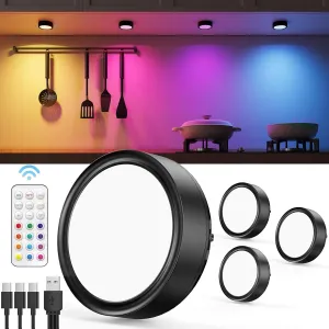 Rechargeable RGB Puck Lights with Remote, 2400mAh Battery Operated Tap Push Light Stick On for Closet Wireless LED Under Cabinet Kitchen Lights Magnetic Colored Touch Light for Classroom Display Shelf